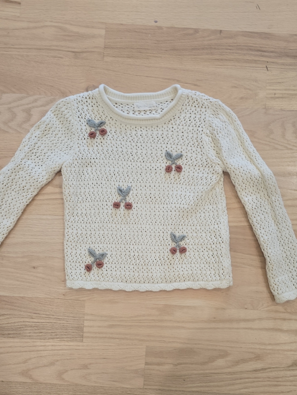 Rylee + Cru Cream Open-Knit Sweater with Pink Cherry Embroidery